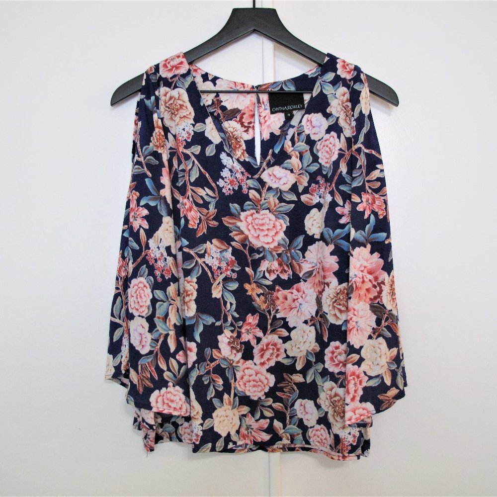 CYNTHIA ROWLEY Navy Floral Cold Shoulder Top